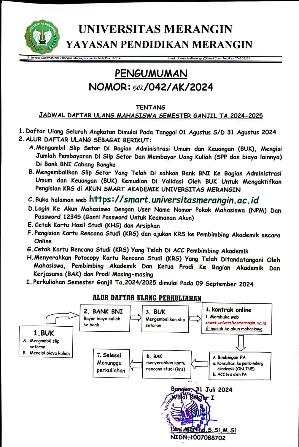 Jadwal Daftar Ulang Semester Ganjil TA 2024/2025