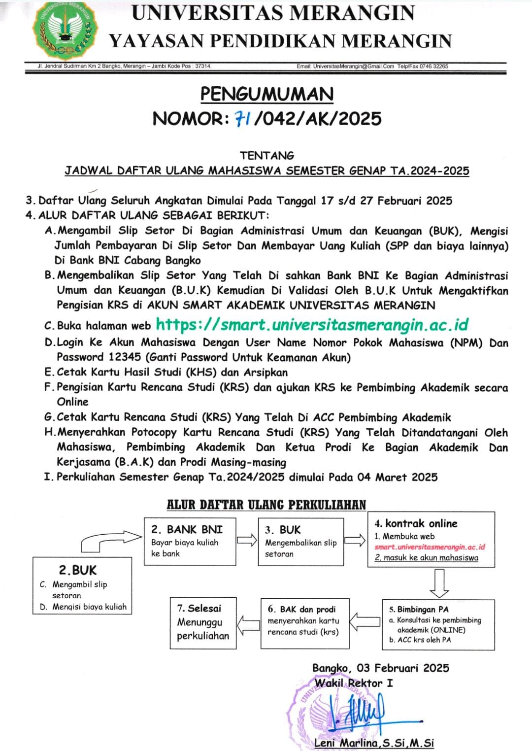 Jadwal Daftar Ulang Semester Genap TA 2024/2025